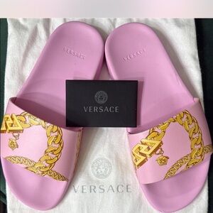 Versace Pink and Gold Chain Slide Sandals